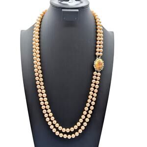 Vtg Off White Double Strand Courting Rhinestone Clasp Faux Pearl Necklace